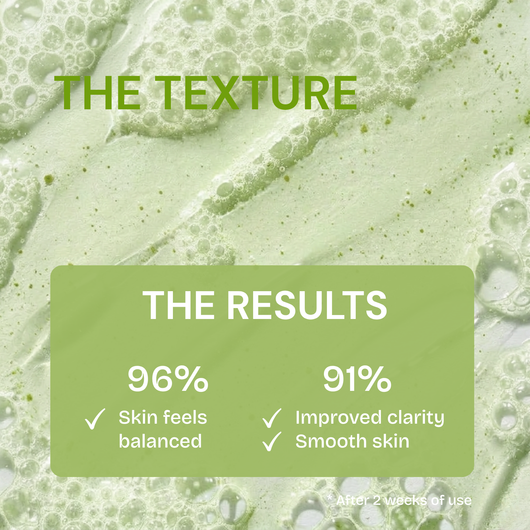Close-up of green skincare product texture with text on results and benefits.